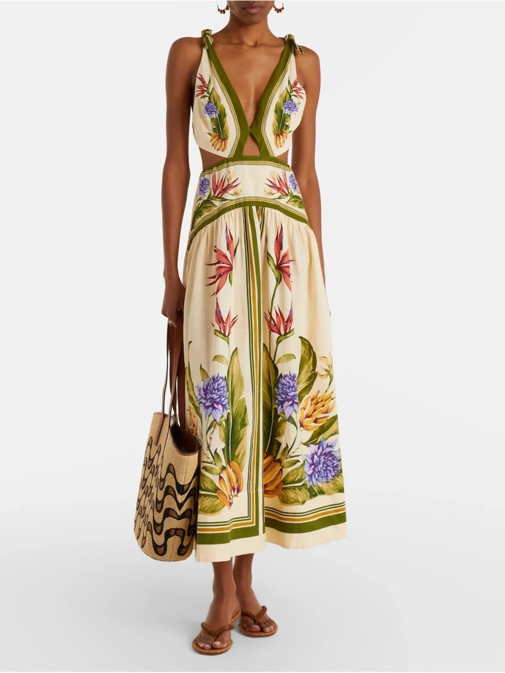 FARM Rio Cream Maxi Dress with Green Trim and Floral Print - Picture 2 of 7
